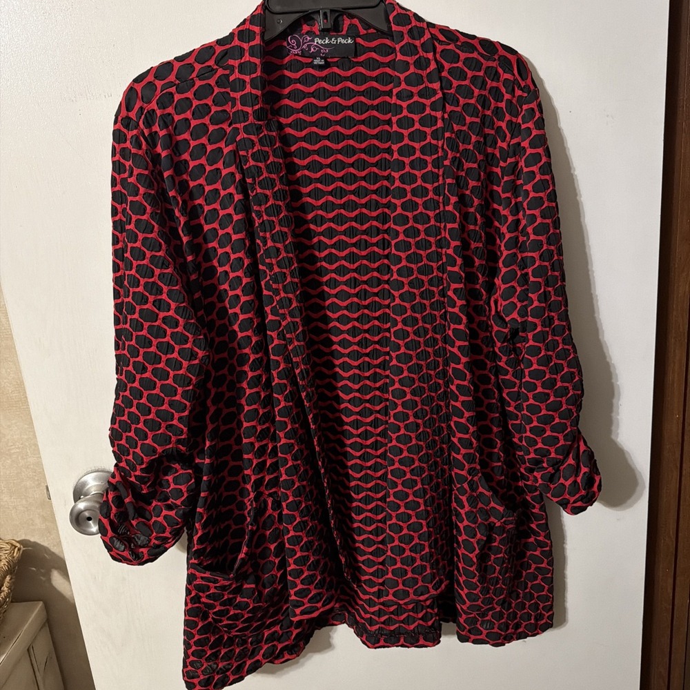 Peck & Peck Jacket Womens  X- Large Red Black Textured Open Front Pockets